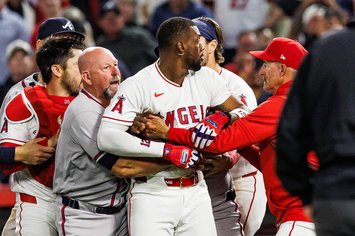 Jorge Soler #12 of the Los Angeles Angels after the benches clear during an MLB game against the Atlanta Braves at Angel Stadium on April 7, 2026 in Anaheim, California. Jorge Soler #12 of the Los Angeles Angels after the benches clear during an MLB game against the Atlanta Braves at Angel Stadium on April 7, 2026 in Anaheim, California.