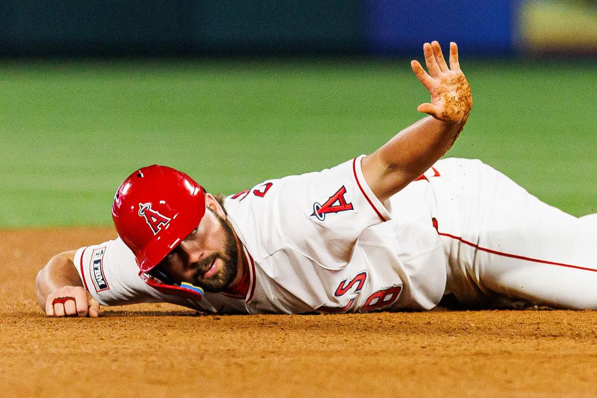 Nolan Schanuel #18 of the Los Angeles Angels signals for time during an MLB game against the Atlanta Braves at Angel Stadium on April 7, 2026 in Anaheim, California. Nolan Schanuel #18 of the Los Angeles Angels signals for time during an MLB game against the Atlanta Braves at Angel Stadium on April 7, 2026 in Anaheim, California.