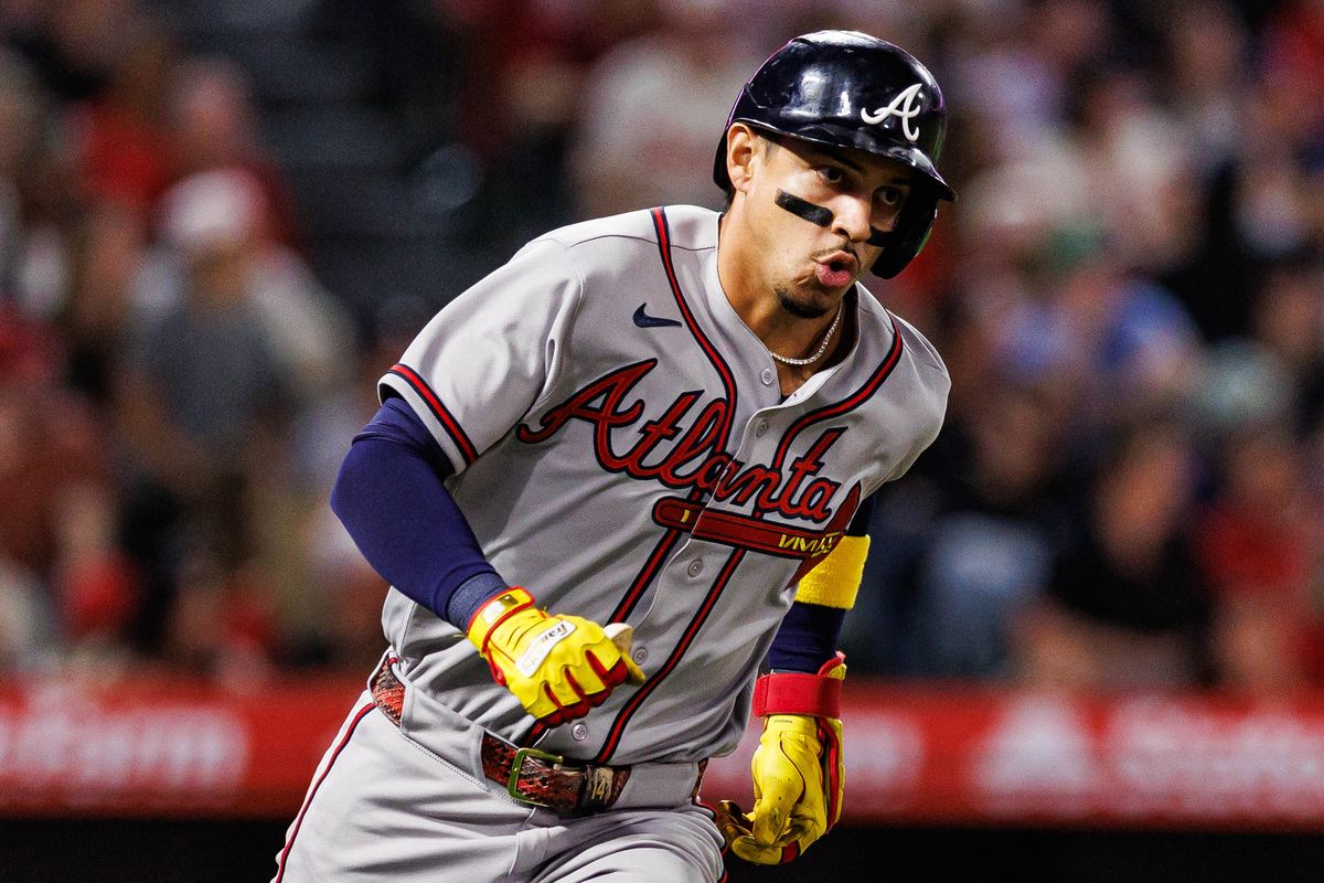 Mauricio Dubón #14 of the Atlanta Braves sprints to first base during an MLB game against the Los Angeles Angels at Angel Stadium on April 7, 2026 in Anaheim, California. Mauricio Dubón #14 of the Atlanta Braves sprints to first base during an MLB game against the Los Angeles Angels at Angel Stadium on April 7, 2026 in Anaheim, California.