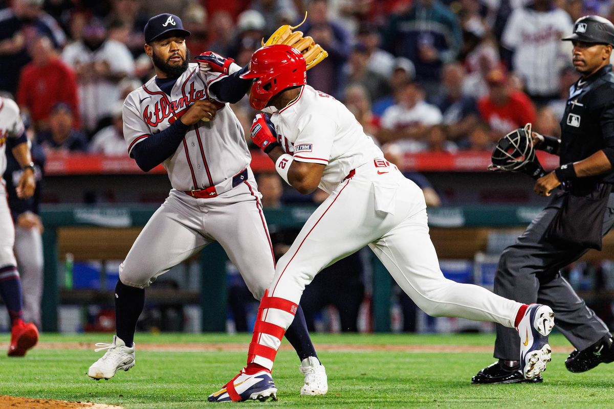 Jorge Soler #12 of the Los Angeles Angels fights Reynaldo López #40 of the Atlanta Braves during an MLB game against the Atlanta Braves at Angel Stadium on April 7, 2026 in Anaheim, California. Jorge Soler #12 of the Los Angeles Angels fights Reynaldo López #40 of the Atlanta Braves during an MLB game against the Atlanta Braves at Angel Stadium on April 7, 2026 in Anaheim, California.