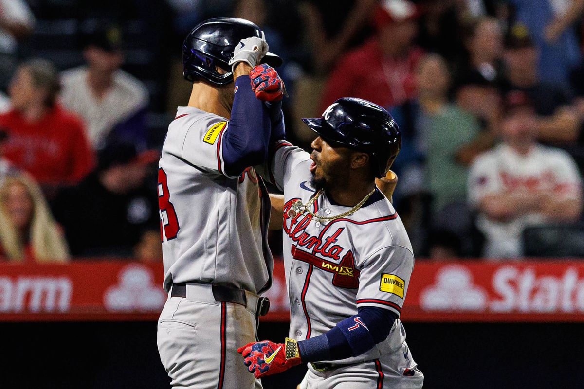 Ozzie Albies #1 of the Atlanta Braves celebrates after hitting a home run during an MLB game against the Los Angeles Angels at Angel Stadium on April 7, 2026 in Anaheim, California. Ozzie Albies #1 of the Atlanta Braves celebrates after hitting a home run during an MLB game against the Los Angeles Angels at Angel Stadium on April 7, 2026 in Anaheim, California.