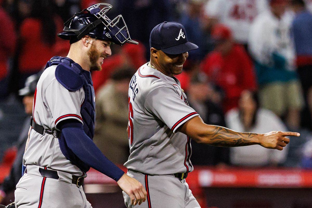 Rasiel Iglesias #26 of the Atlanta Braves celebrates a victory with Jonah Heim #20 of the Atlanta Braves after an MLB game against the Los Angeles Angels at Angel Stadium on April 7, 2026 in Anaheim, California. Rasiel Iglesias #26 of the Atlanta Braves celebrates a victory with Jonah Heim #20 of the Atlanta Braves after an MLB game against the Los Angeles Angels at Angel Stadium on April 7, 2026 in Anaheim, California.