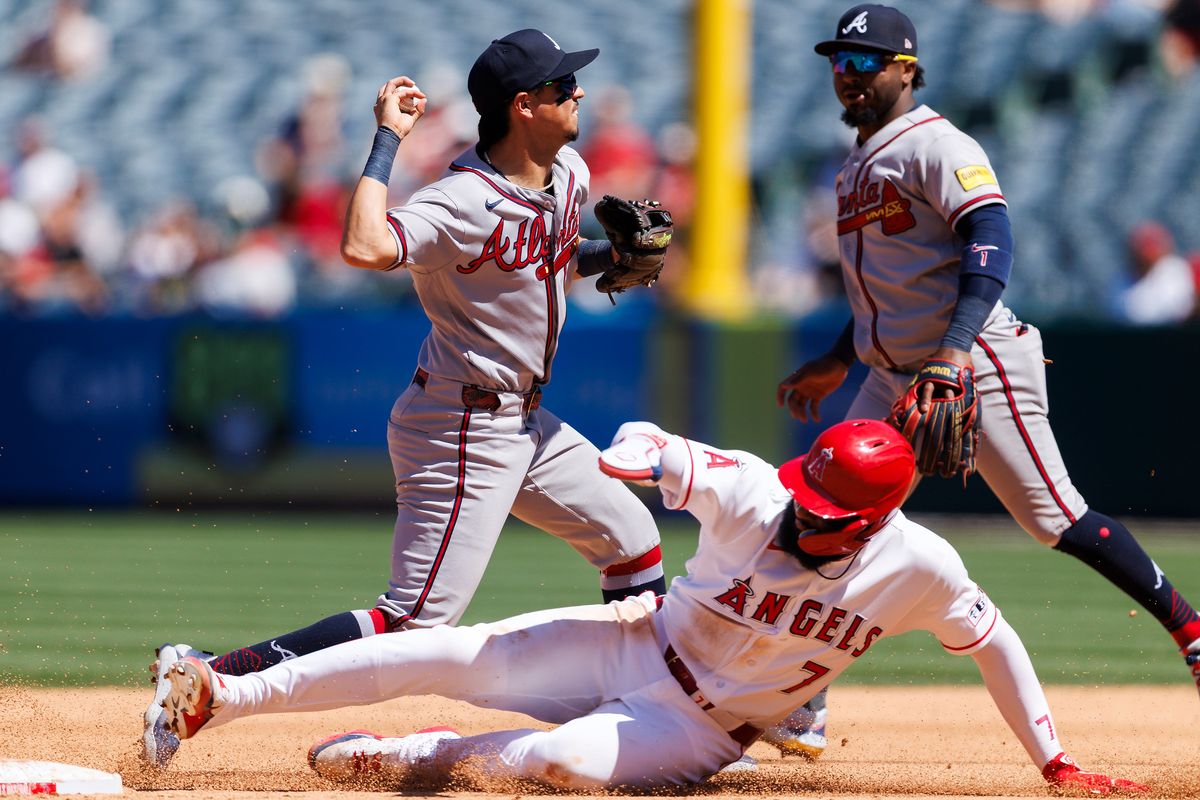 Jo Adell #7 of the Los Angeles Angels slides into second base during the game against the Atlanta Braves at Angel Stadium of Anaheim on April 8, 2026 in Anaheim, California. Jo Adell #7 of the Los Angeles Angels slides into second base during the game against the Atlanta Braves at Angel Stadium of Anaheim on April 8, 2026 in Anaheim, California.