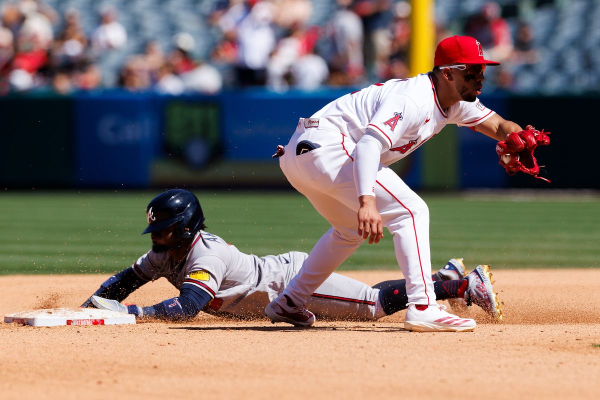 Oswald Peraza #2 of the Los Angeles Angels catches a ball at second base during the game against the Atlanta Braves at Angel Stadium of Anaheim on April 8, 2026 in Anaheim, California. Oswald Peraza #2 of the Los Angeles Angels catches a ball at second base during the game against the Atlanta Braves at Angel Stadium of Anaheim on April 8, 2026 in Anaheim, California.