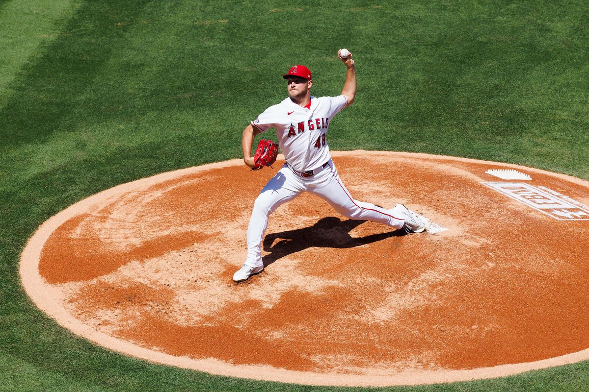 Reid Detmers #48 of the Los Angeles Angels pitches during the game against the Atlanta Braves at Angel Stadium of Anaheim on April 8, 2026 in Anaheim, California. Reid Detmers #48 of the Los Angeles Angels pitches during the game against the Atlanta Braves at Angel Stadium of Anaheim on April 8, 2026 in Anaheim, California.