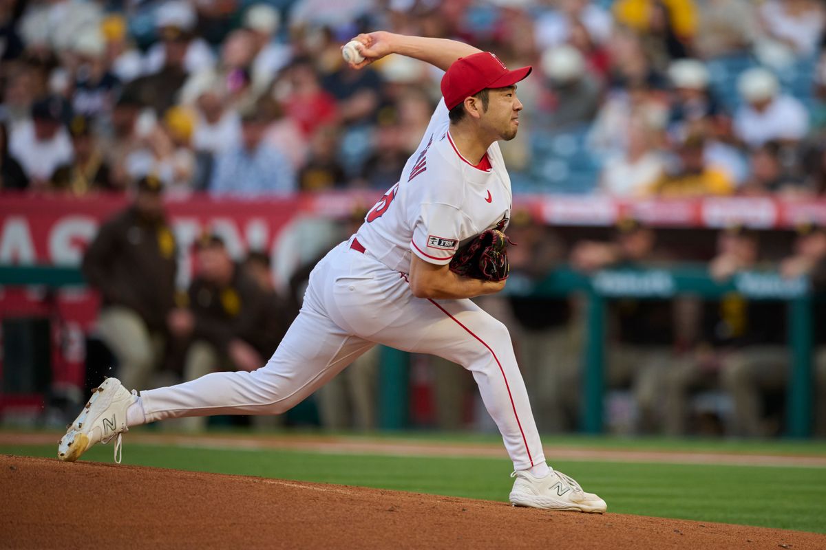 The Los Angeles Angels Yusei Kikuchi #16 pitches during an MLB game against the San Diego Padres, April 18th, 2026 in Anaheim California.