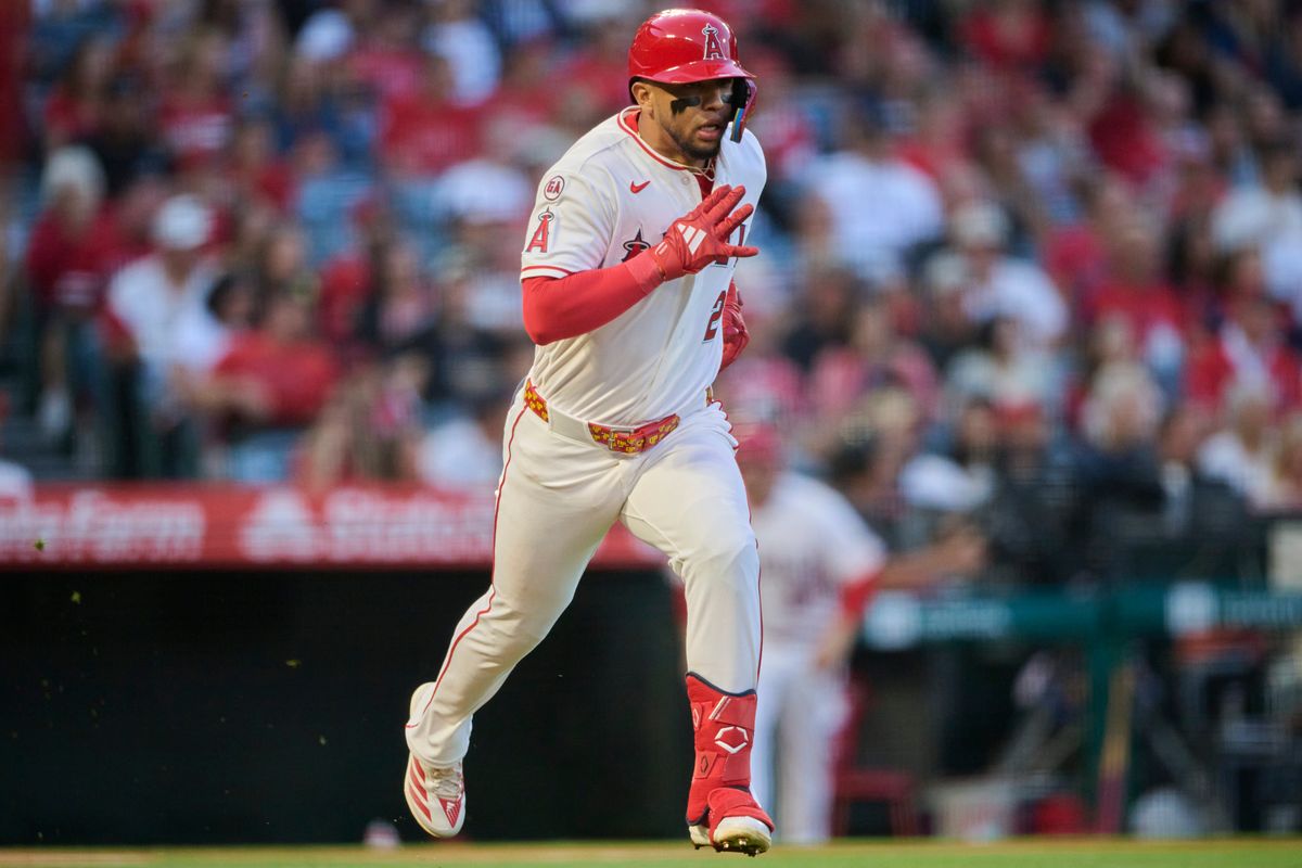 The Los Angeles Angels Oswald Peraza #2 runs to first during an MLB game against the San Diego Padres, April 18th, 2026 in Anaheim California.