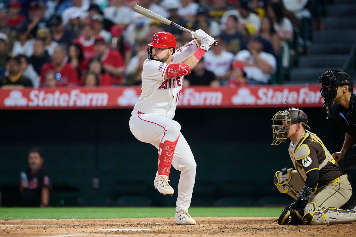 The Los Angeles Angels Nolan Schanuel #18 bats during an MLB game against the San Diego Padres, April 18th, 2026 in Anaheim California.