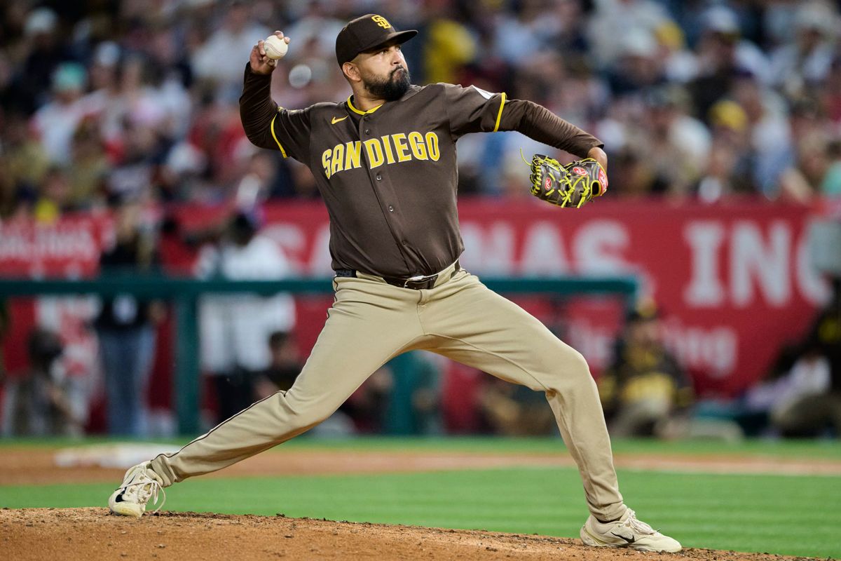 The San Diego Padres Germán Márquez #33 pitches during an MLB game against the Los Angeles Angels, April 18th, 2026 in Anaheim California.