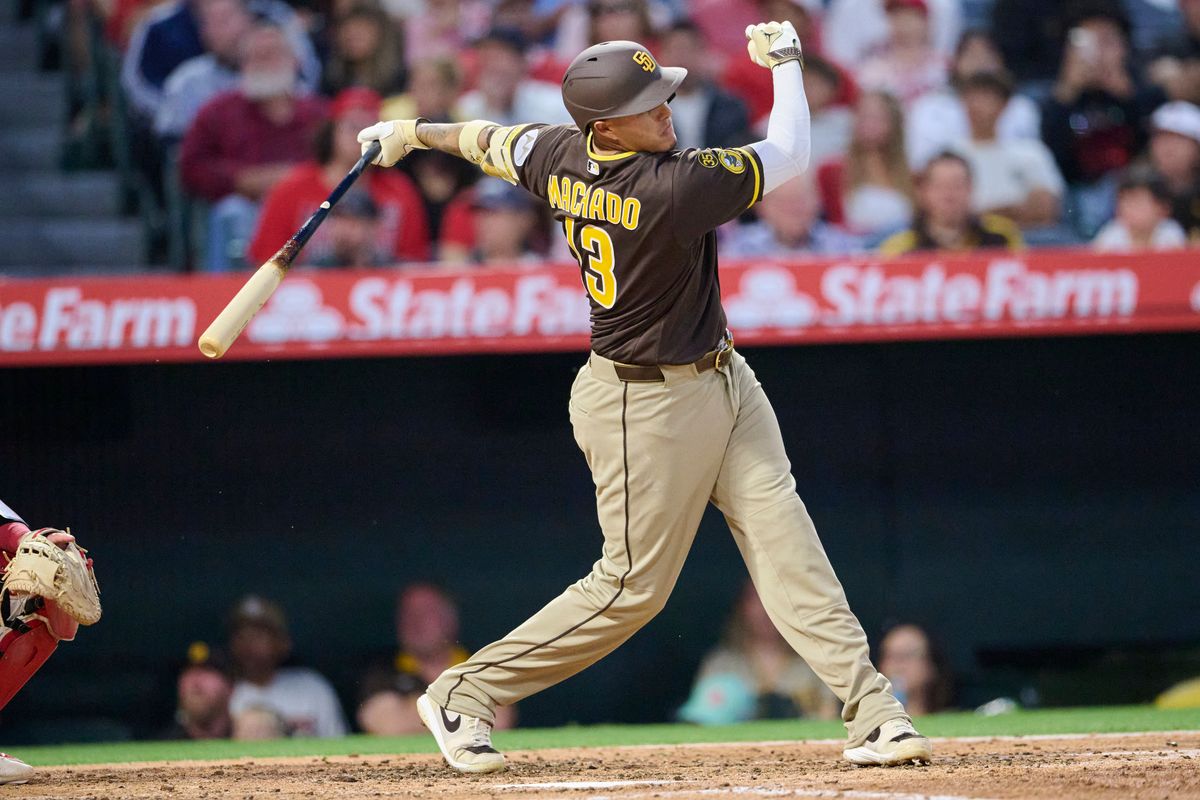 The San Diego Padres Manny Machado #13 bats during an MLB game against the Los Angeles Angels, April 18th, 2026 in Anaheim California.