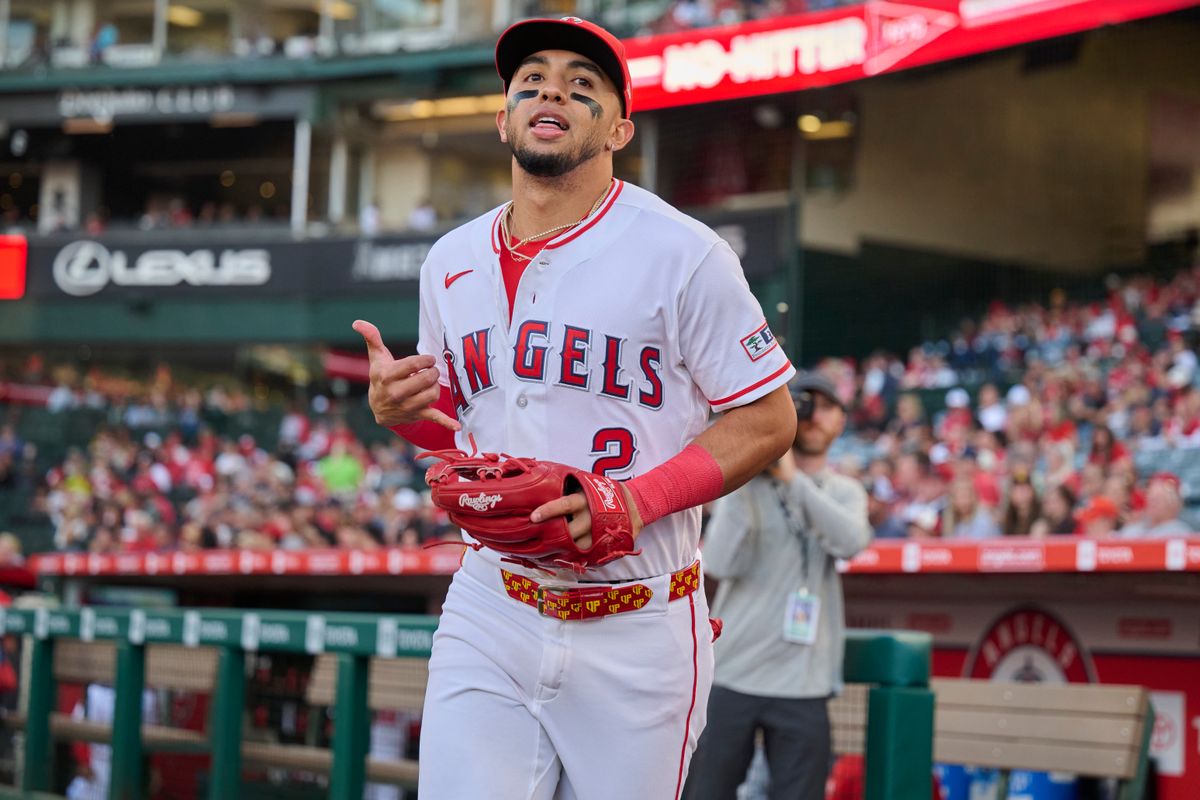 The Los Angeles Angels Oswald Peraza #2 in the starting line up during an MLB game against the San Diego Padres, April 18th, 2026 in Anaheim California.