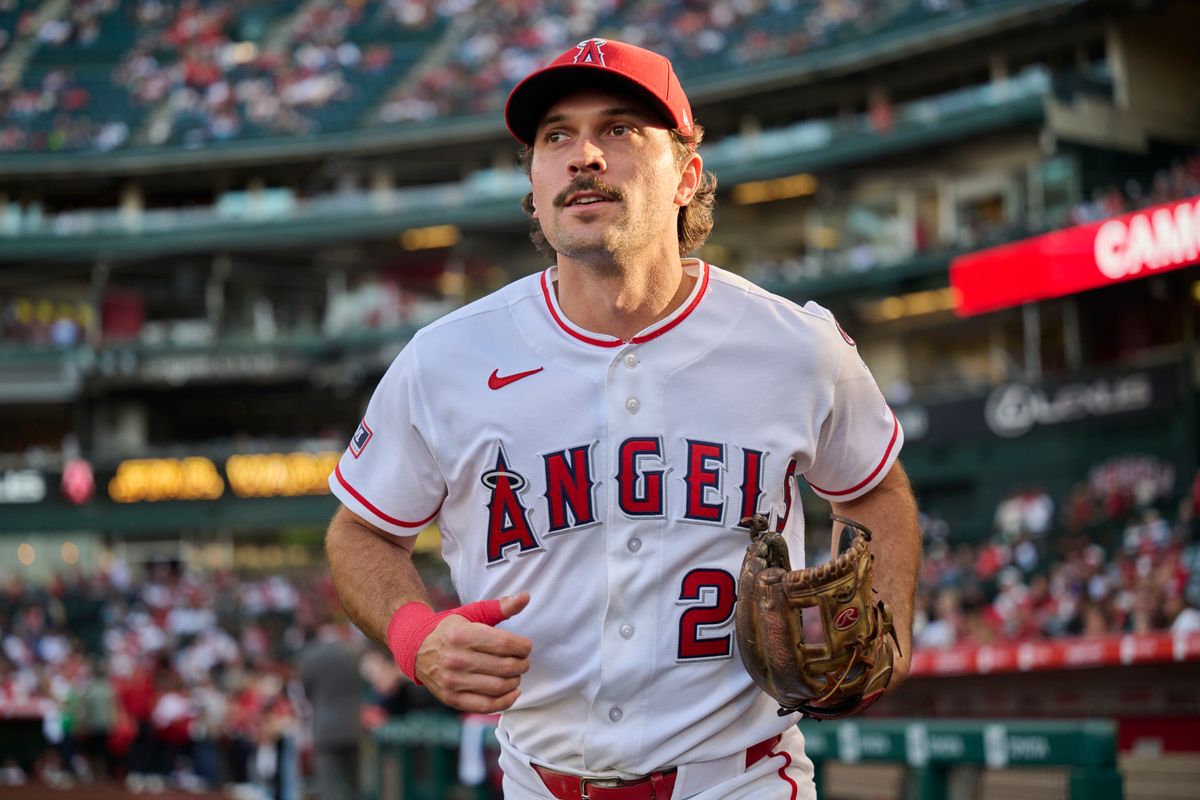 The Los Angeles Angels Adam Frazier #20 in the starting line up during an MLB game against the San Diego Padres, April 18th, 2026 in Anaheim California.