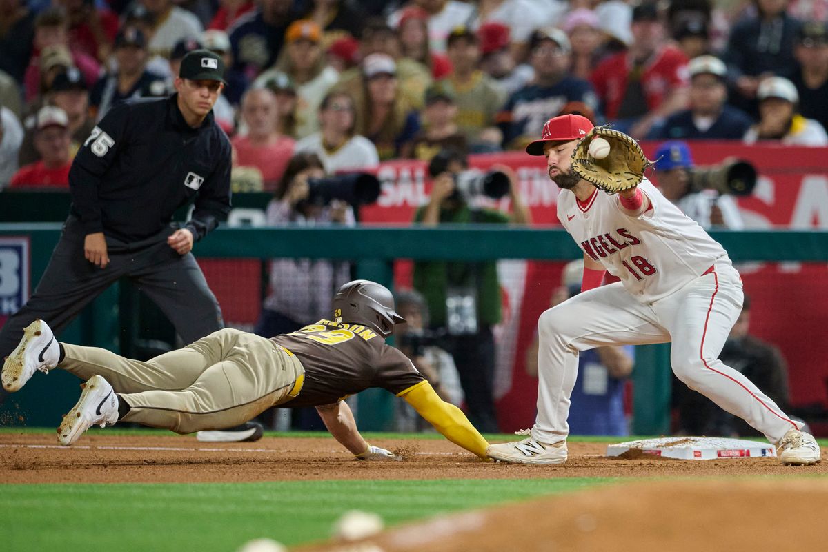 The Los Angeles Angels Nolan Schanuel #18 catches at first during an MLB game against the San Diego Padres, April 18th, 2026 in Anaheim California.