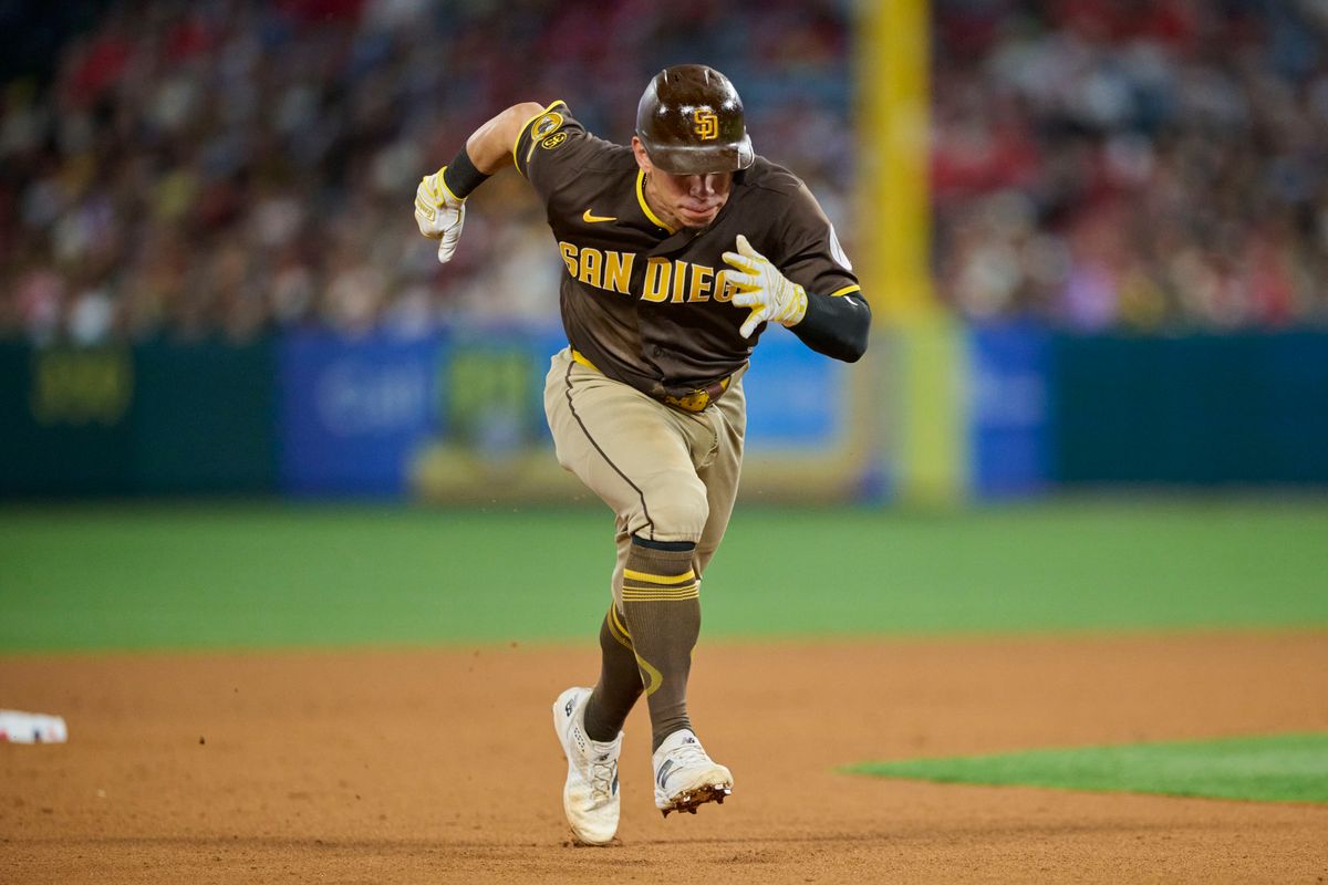 The San Diego Padres Freddy Fermin #54 runs during an MLB game against the Los Angeles Angels, April 18th, 2026 in Anaheim California.