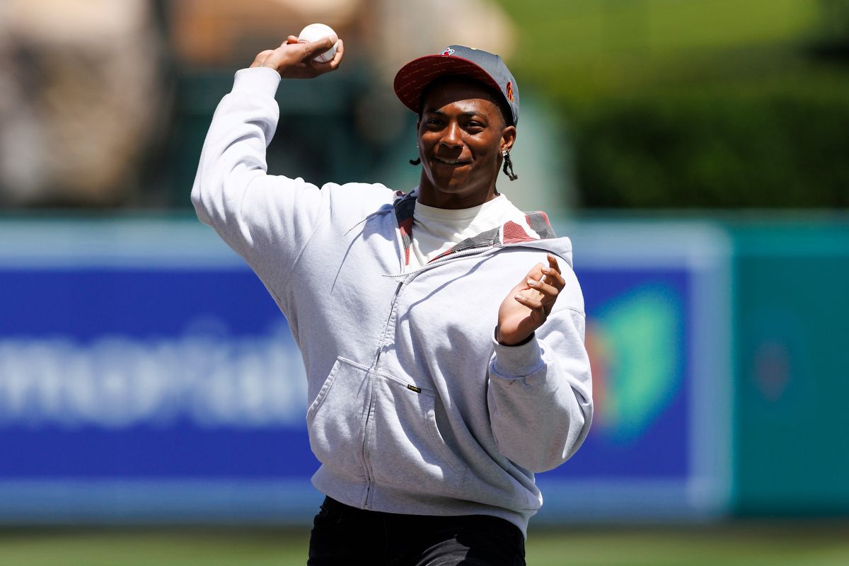 King Miller of the USC Trojans throws out the first pitch before the game between the San Diego Padres and the Los Angeles Angels at Angel Stadium of Anaheim on April 19, 2026 in Anaheim, California. 