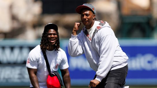 King Miller of the USC Trojans celebrates after throwing out the first pitch before the game between the San Diego Padres and the Los Angeles Angels at Angel Stadium of Anaheim on April 19, 2026 in Anaheim, California.