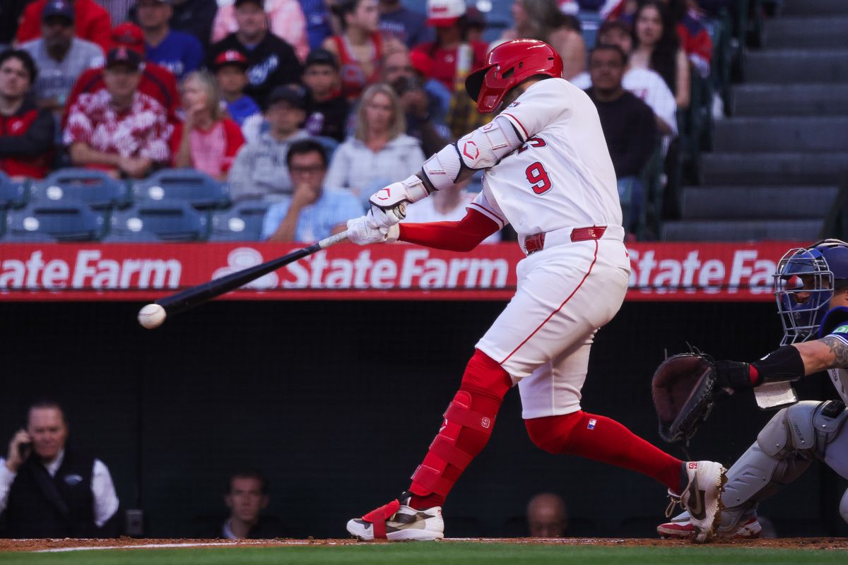 Los Angeles Angels infielder Zach Neto (9) hits the ball during the MLB game against the Toronto Blue Jays Monday April 20th, 2026 at Angel's Stadium in Anaheim, Calif.