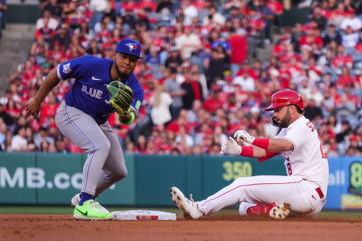 Los Angeles Angels infielder Nolan Schanuel (18) slides during the MLB game against the Toronto Blue Jays Monday April 20th, 2026 at Angel's Stadium in Anaheim, Calif.