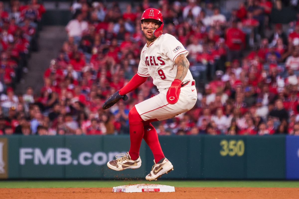 Los Angeles Angels infielder Zach Neto (9) on second base during the MLB game against the Toronto Blue Jays Monday April 20th, 2026 at Angel's Stadium in Anaheim, Calif.