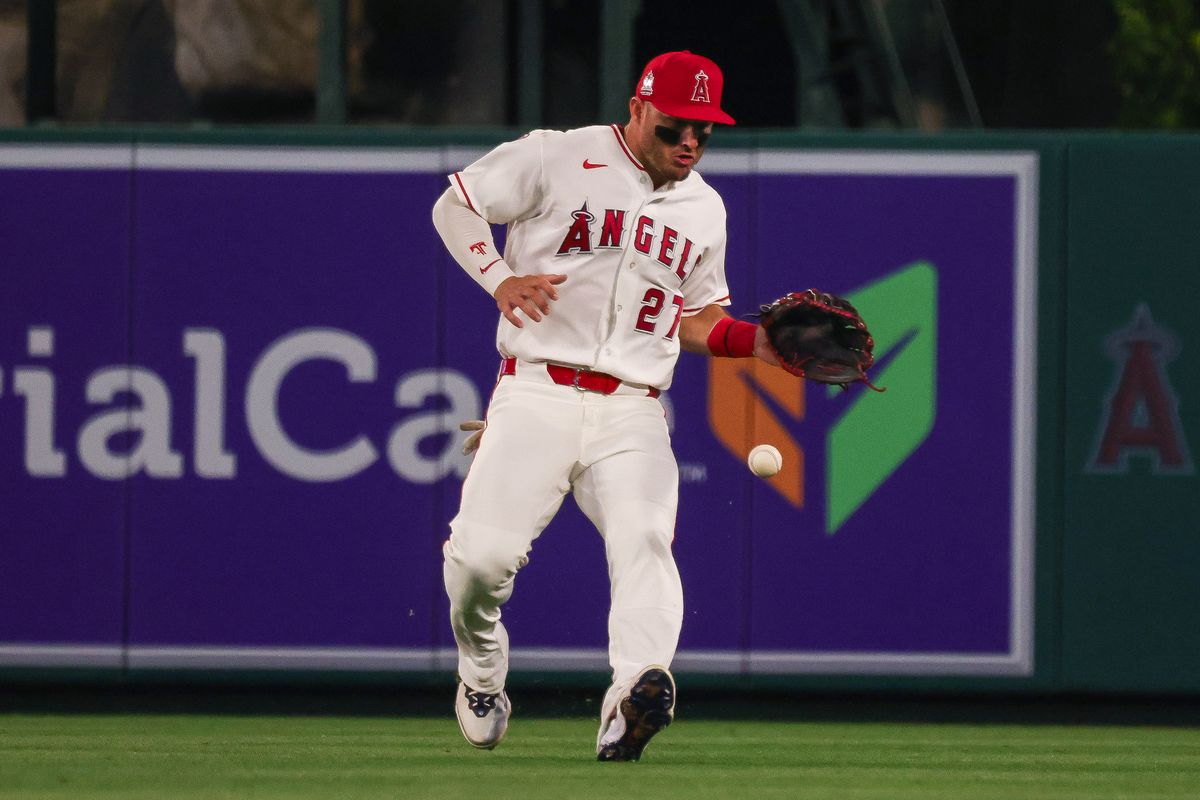 Los Angeles Angels outfielder Mike Trout (27) catches the ball during the MLB game against the Toronto Blue Jays Monday April 20th, 2026 at Angel's Stadium in Anaheim, Calif.