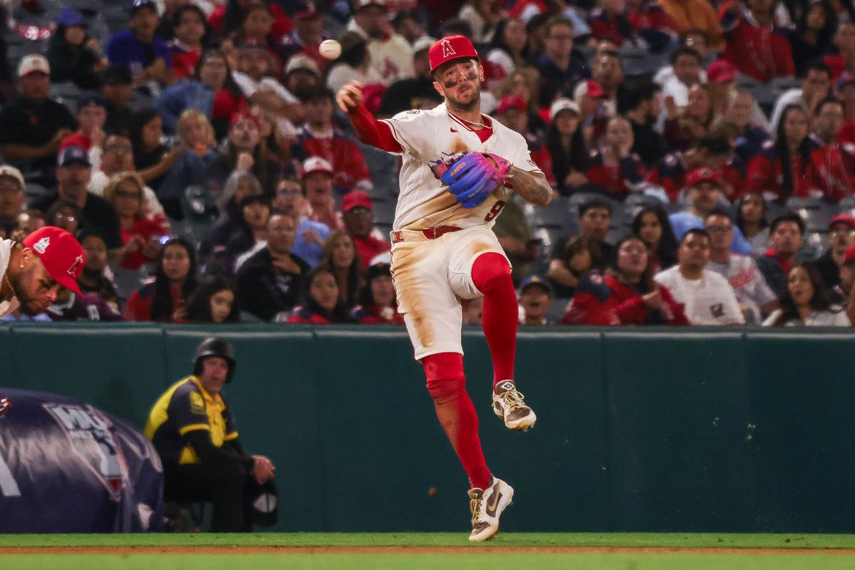 Los Angeles Angels infielder Zach Neto (9) throws the ball during the MLB game against the Toronto Blue Jays Monday April 20th, 2026 at Angel's Stadium in Anaheim, Calif.