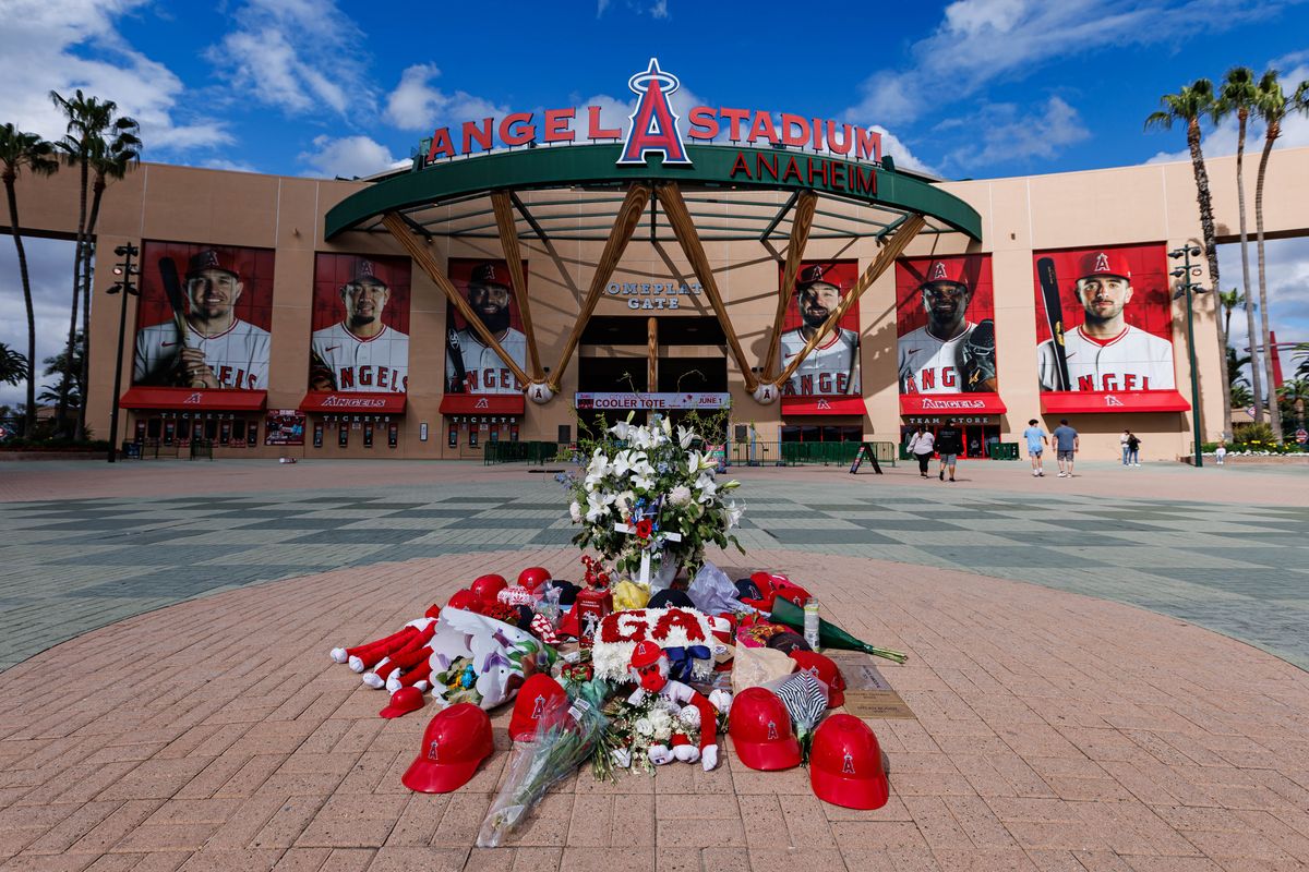 A general view of the stadium's enterance with Garret Anderson's memorial before an MLB game against the Toronto Blue Jays at Angel Stadium on April 21, 2026 in Anaheim, California.