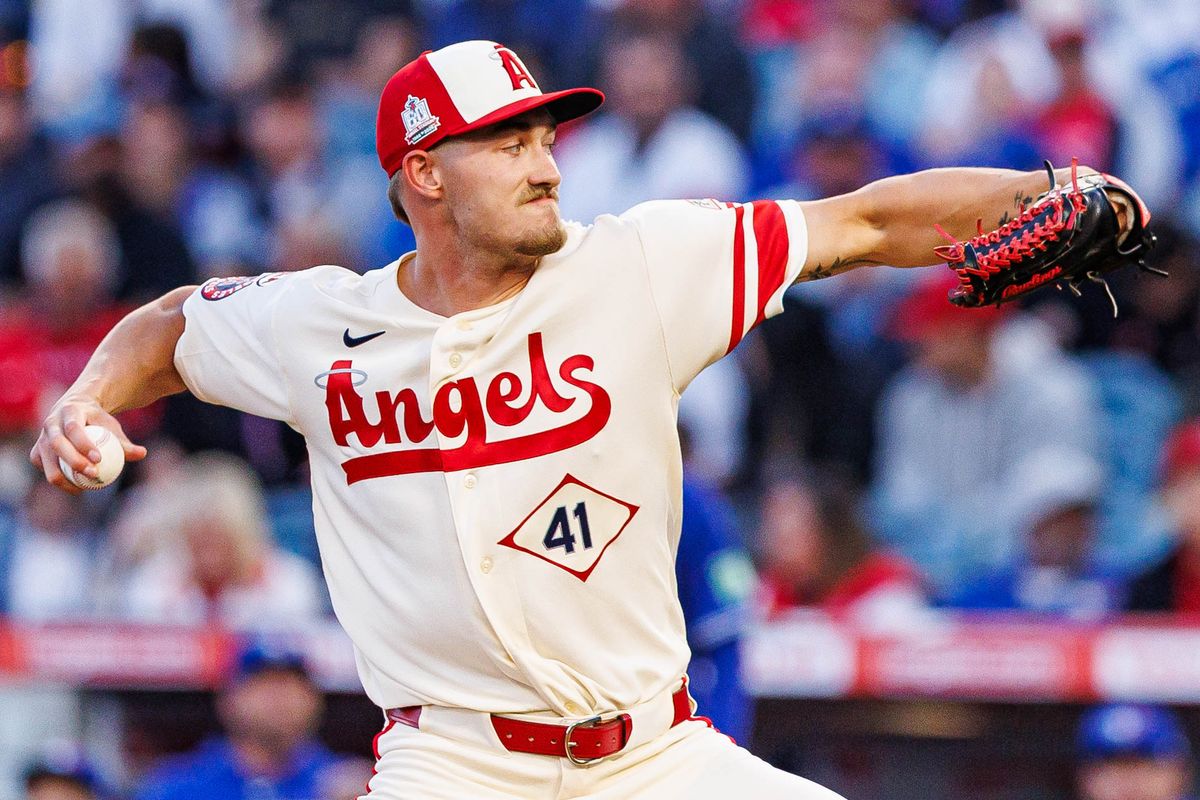Jack Kochanowicz #41 of the Los Angeles Angels pitches during an MLB game against the Toronto Blue Jays at Angel Stadium on April 21, 2026 in Anaheim, California.