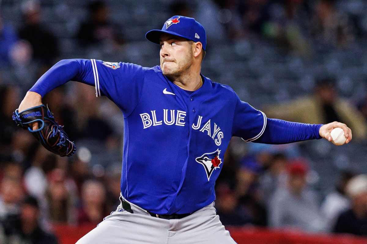 Patrick Corbin #46 of the Toronto Blue Jays pitches during an MLB game against the Los Angeles Angels at Angel Stadium on April 21, 2026 in Anaheim, California.