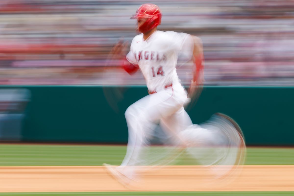 Logan O’Hoppe #14 of the Los Angeles Angels runs during the game against the Toronto Blue Jays at Angel Stadium of Anaheim on April 22, 2026 in Anaheim, California.