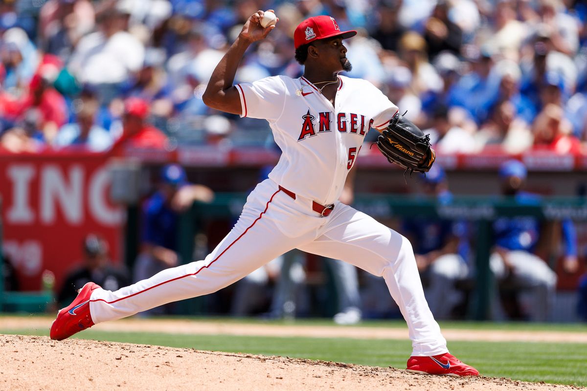 Jose Soriano #59 of the Los Angeles Angels pitches during the game against the Toronto Blue Jays at Angel Stadium of Anaheim on April 22, 2026 in Anaheim, California.