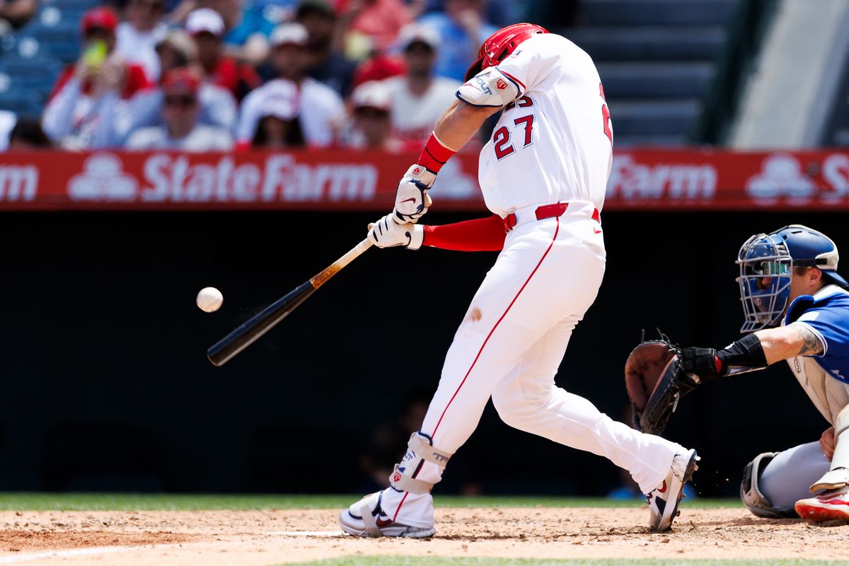 Mike Trout #27 of the Los Angeles Angels hits a homerun during the game against the Toronto Blue Jays at Angel Stadium of Anaheim on April 22, 2026 in Anaheim, California. 
