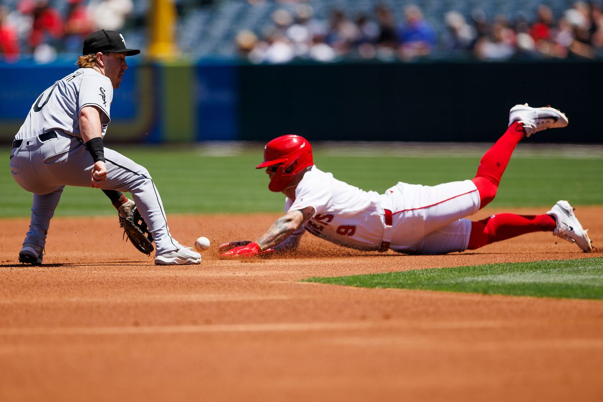 Zach Neto #9 of the Los Angeles Angels slides into second base during the game against the Chicago White Sox at Angel Stadium of Anaheim on May 6, 2026 in Anaheim, California. 