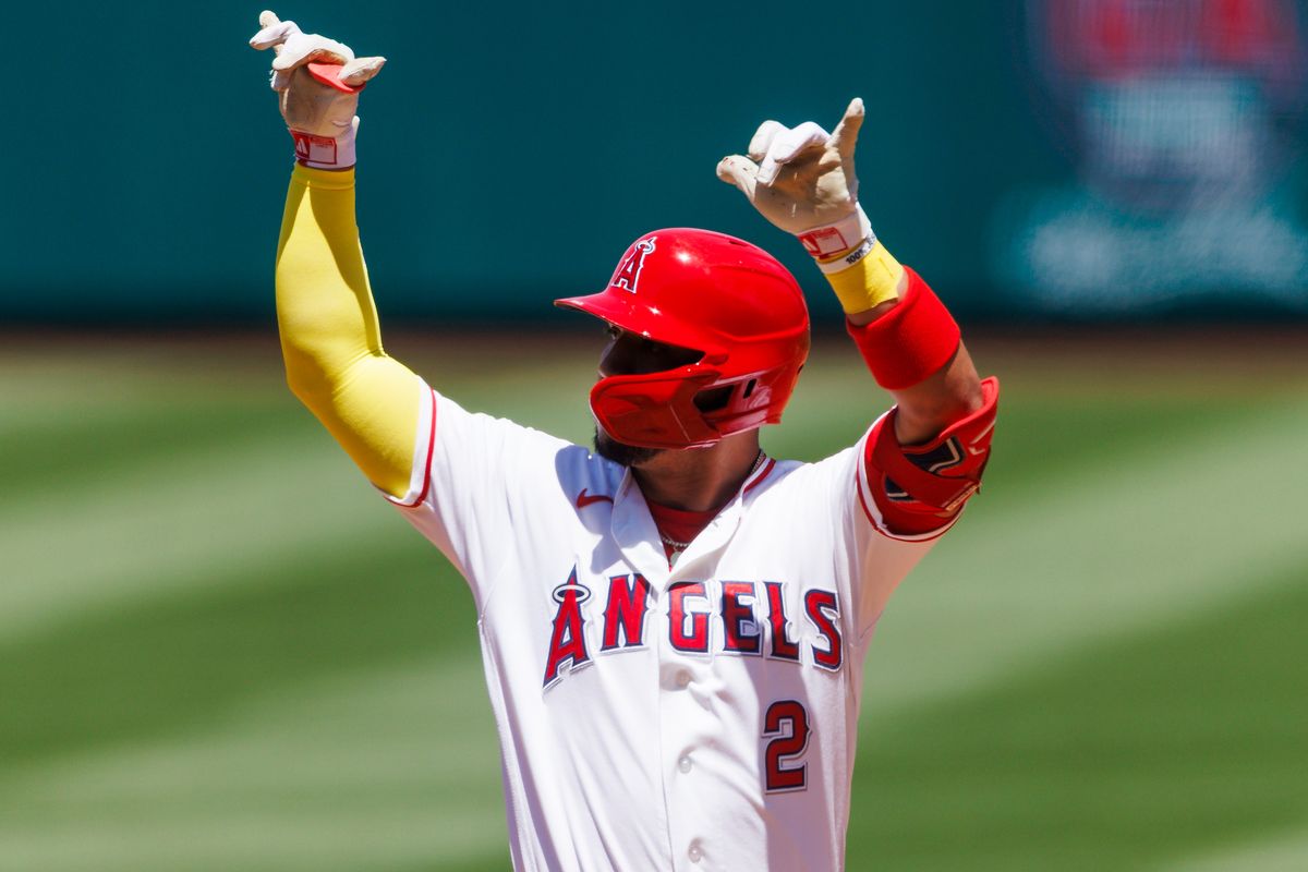 Oswald Peraza #2 of the Los Angeles Angels celebrates a hit during the game against the Chicago White Sox at Angel Stadium of Anaheim on May 6, 2026 in Anaheim, California. 