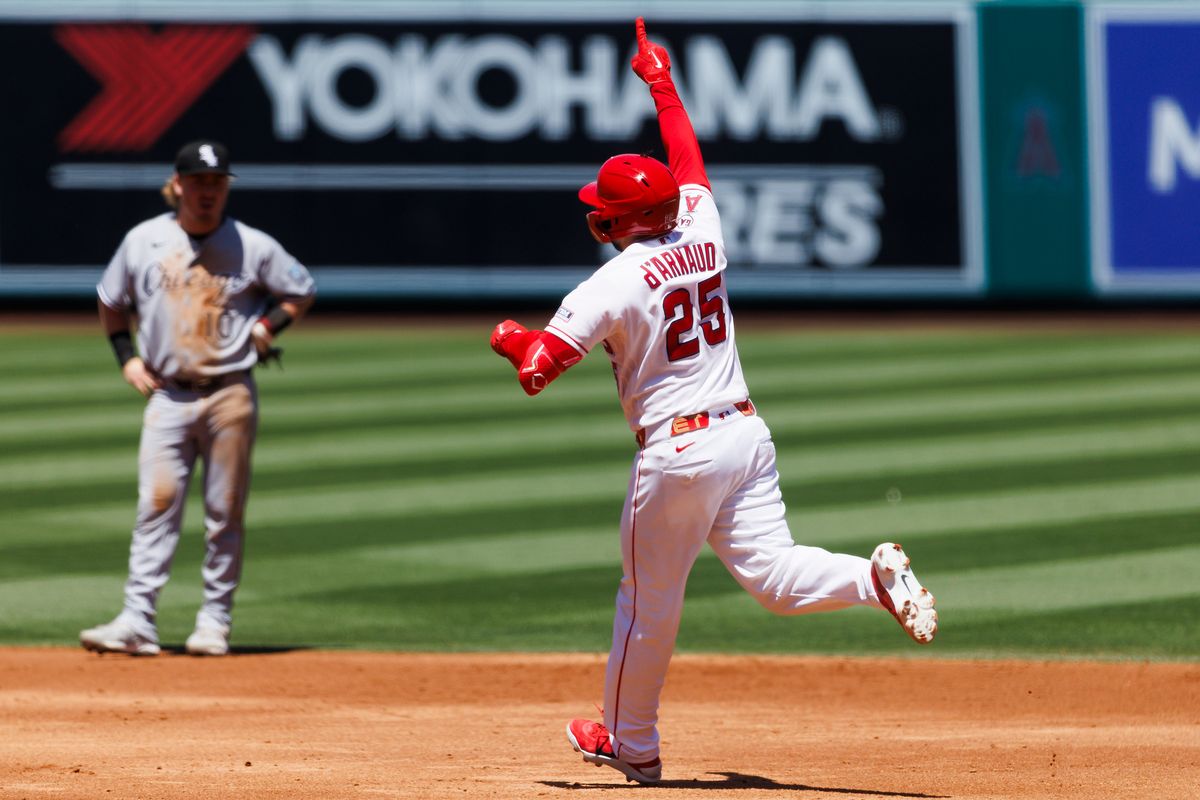 Travis D'Arnaud #25 of the Los Angeles Angels celebrates a home run during the game against the Chicago White Sox at Angel Stadium of Anaheim on May 6, 2026 in Anaheim, California. 