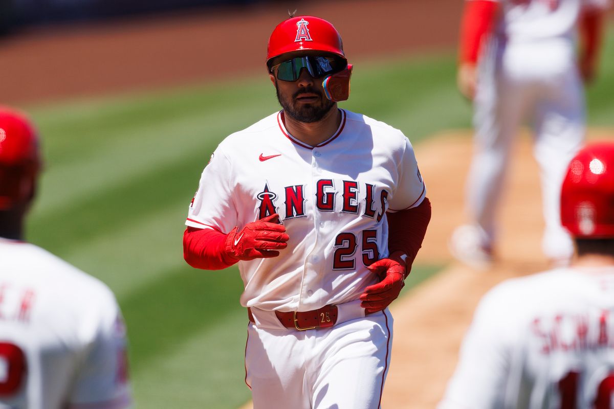 Travis D'Arnaud #25 of the Los Angeles Angels celebrates a home run during the game against the Chicago White Sox at Angel Stadium of Anaheim on May 6, 2026 in Anaheim, California.