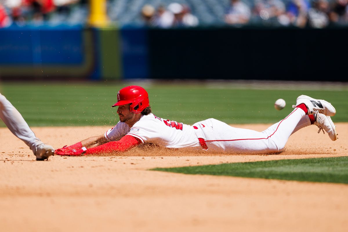  Bryce Teodosio #22 of the Los Angeles Angels slides into second base during the game against the Chicago White Sox at Angel Stadium of Anaheim on May 6, 2026 in Anaheim, California.