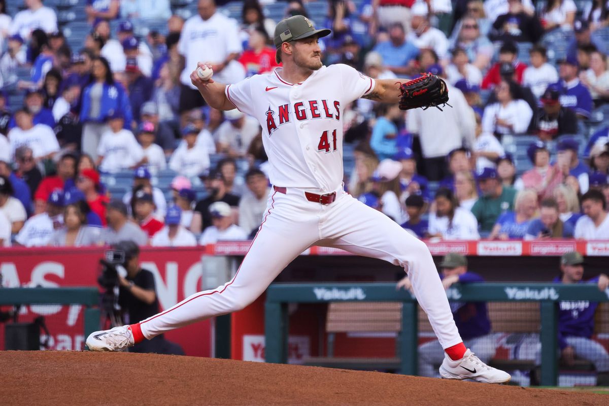 Los Angeles Angels right-handed pitcher Jack Kochanowicz (41) pitches during the MLB game against the Los Angeles Dodgers Friday May 15th, 2026 at Angel's Stadium in Anaheim, Calif.