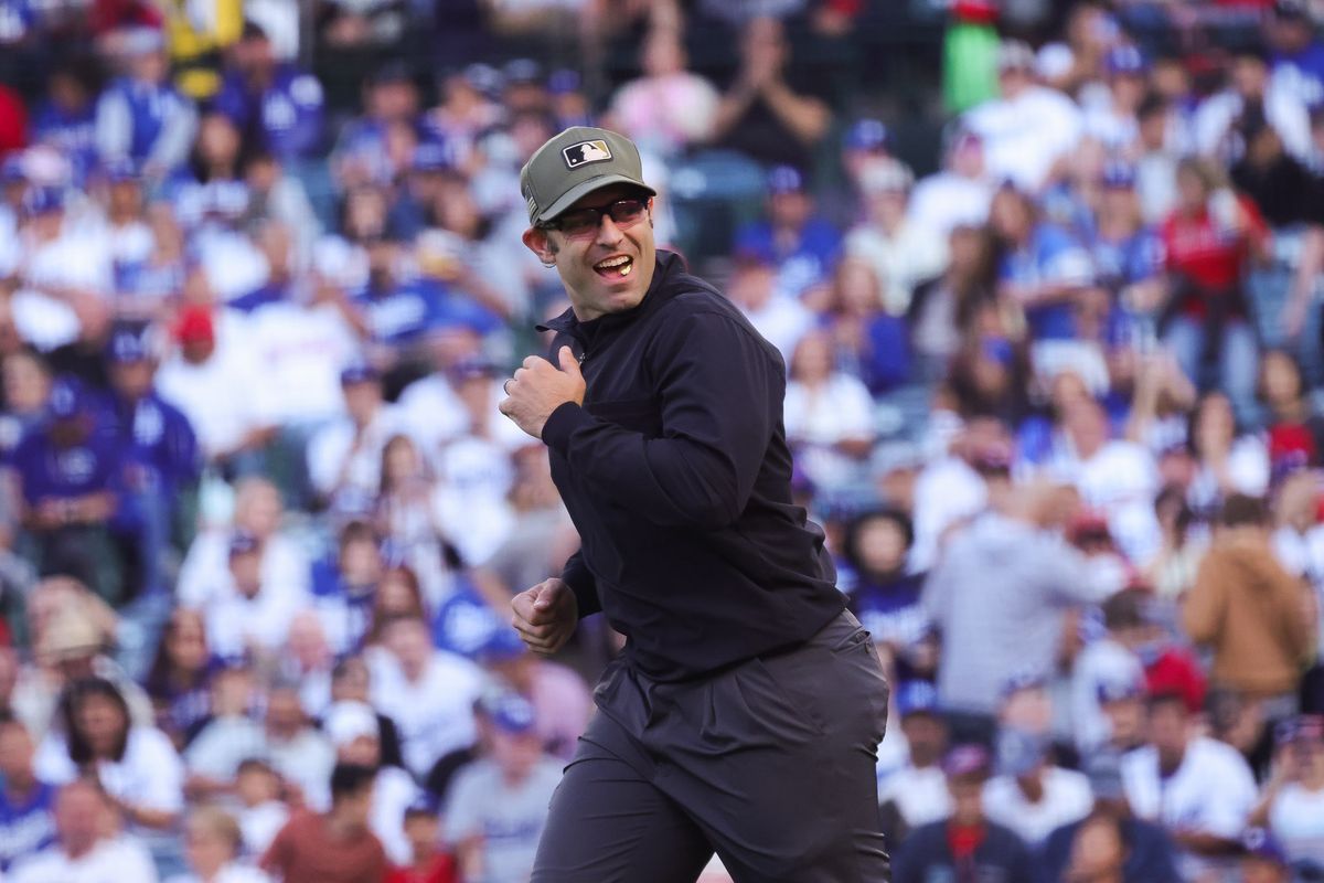 MLB umpire smiles during the Los Angeles Angels at Los Angeles Dodgers MLB game Friday May 15th, 2026 at Angel's Stadium in Anaheim, Calif.
