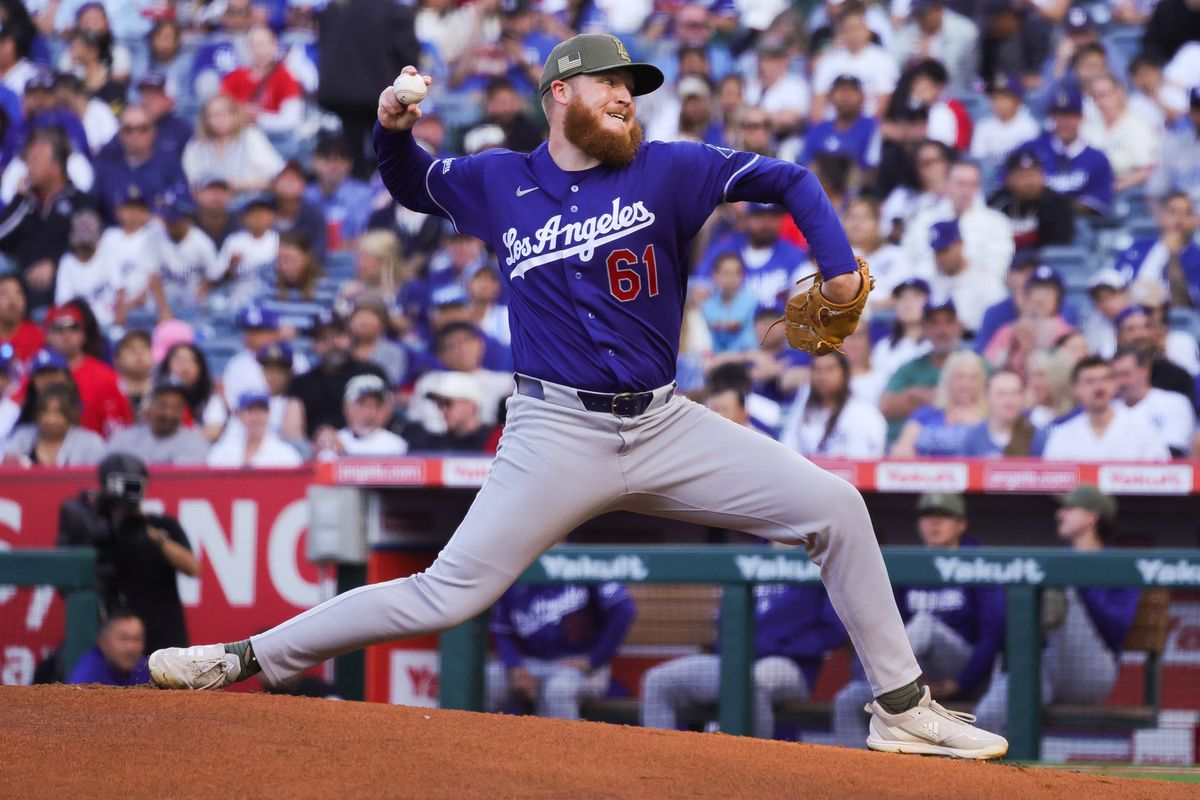 Los Angeles Dodgers right-handed pitcher Will Klein (61) pitches during the MLB game against the Los Angeles Angels Friday May 15th, 2026 at Angel's Stadium in Anaheim, Calif.