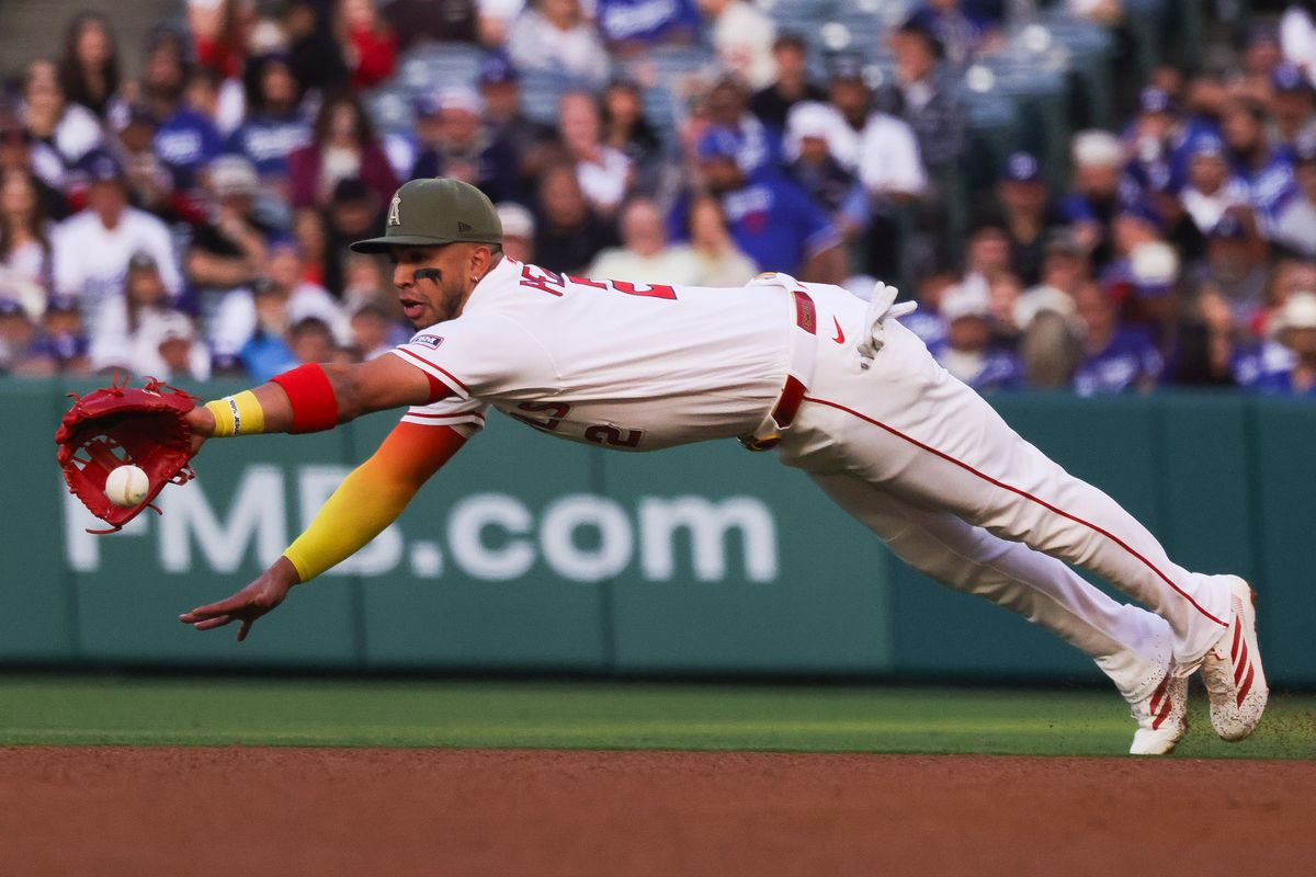 Los Angeles Angels infielder Oswald Peraza (2) dives for the ball during the MLB game against the Los Angeles Dodgers Friday May 15th, 2026 at Angel's Stadium in Anaheim, Calif.