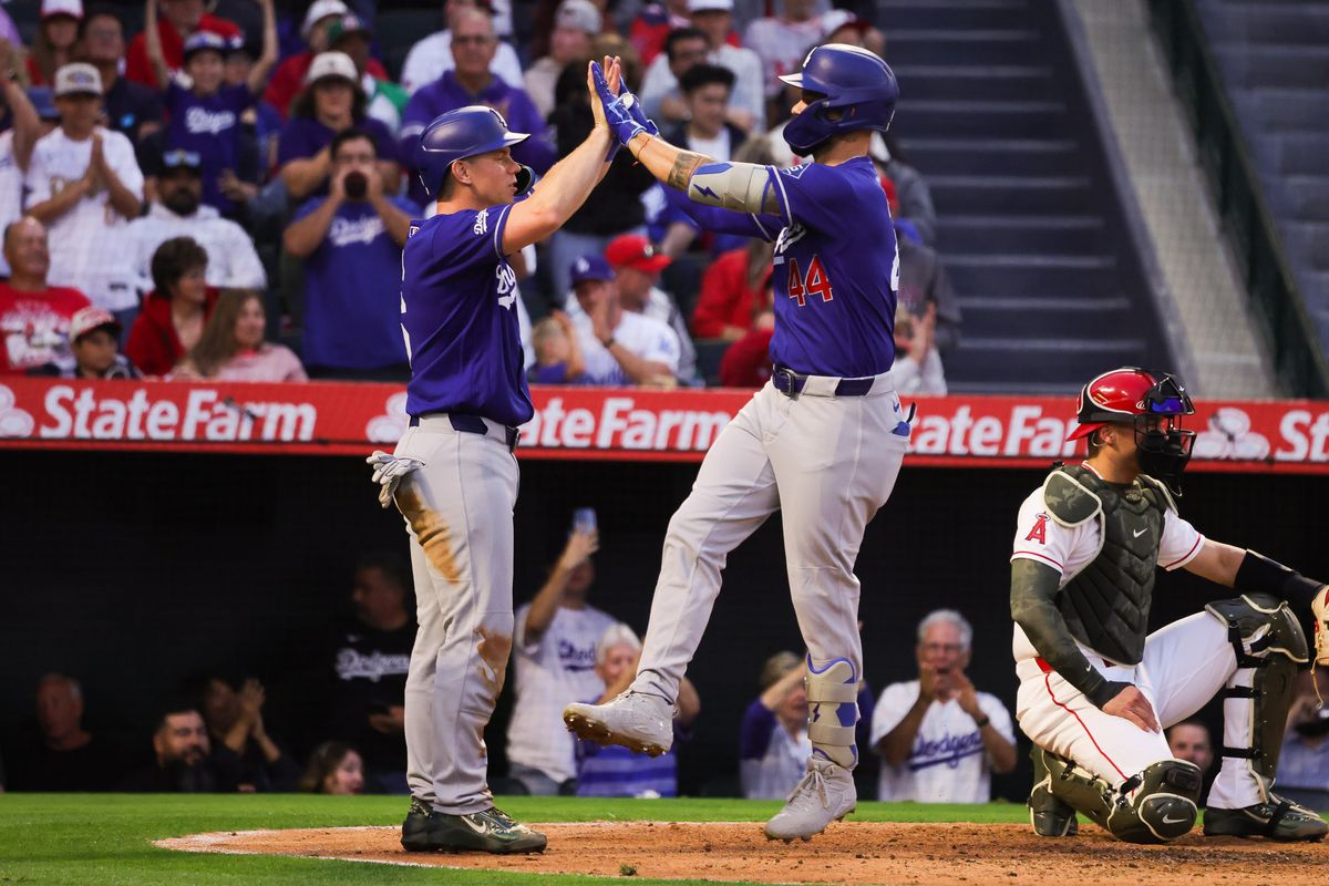 Los Angeles Dodgers outfielder Andy Pages (44) celebrates during the MLB game against the Los Angeles Angels Friday May 15th, 2026 at Angel's Stadium in Anaheim, Calif.