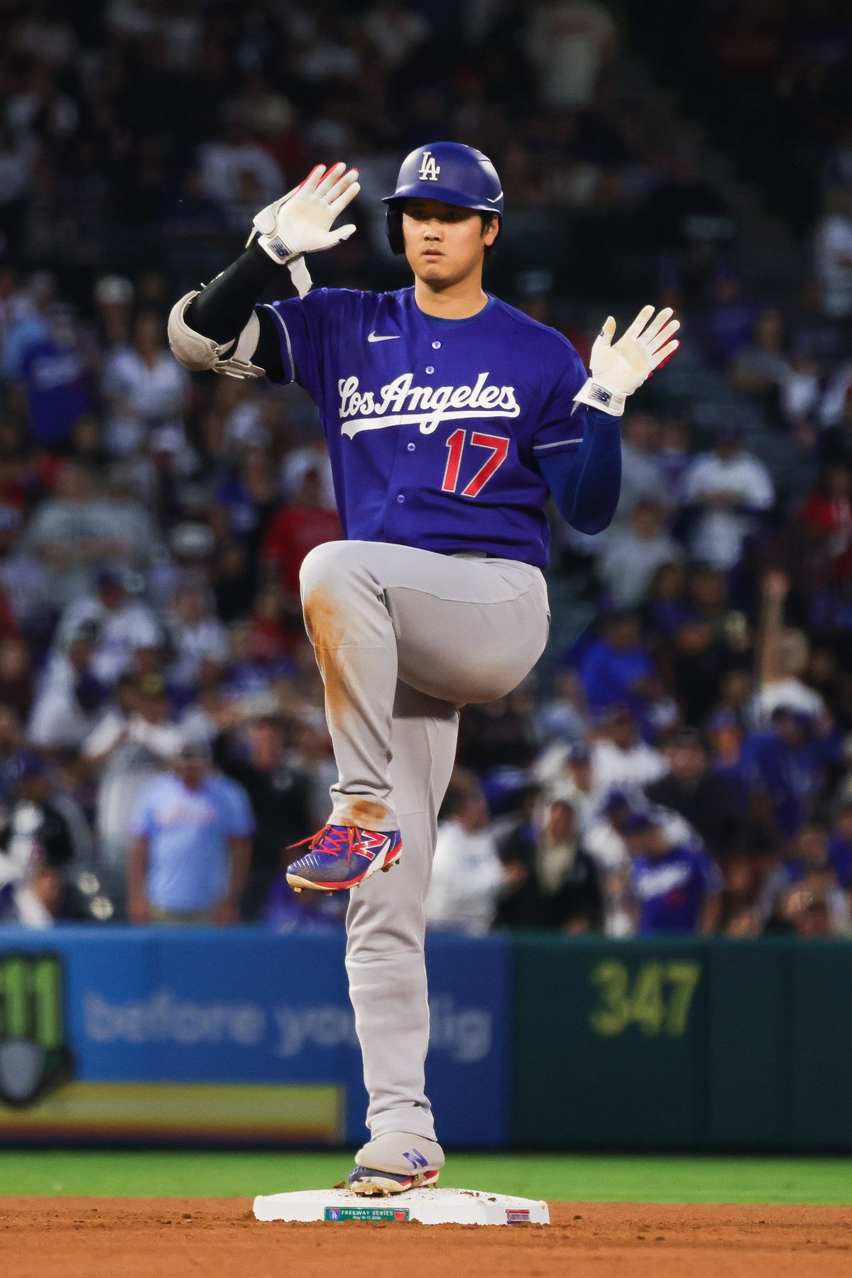 Los Angeles Dodgers two-way player Shohei Ohtani (17) celebrates during the MLB game against the Los Angeles Angels Friday May 15th, 2026 at Angel's Stadium in Anaheim, Calif.
