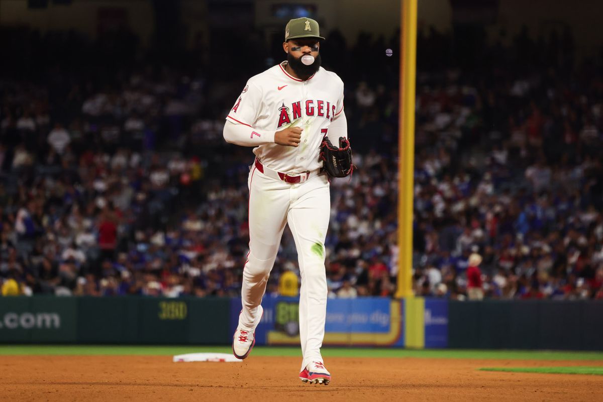 Los Angeles Angels outfielder Jo Adell (7) runs during the MLB game against the Los Angeles Dodgers Friday May 15th, 2026 at Angel's Stadium in Anaheim, Calif.
