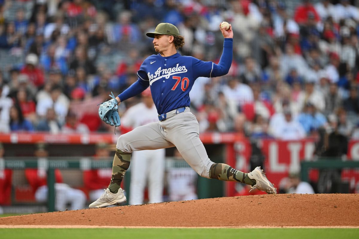 The Los Angeles Dodgers Justin Wrobleski #70 pitches during an MLB game against the Los Angeles Angels, May 16th, 2026 at Angels Stadium in Anaheim, California.