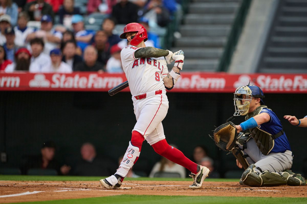 The Los Angeles Angels Zach Neto #9 at bat during an MLB game against The Los Angeles Dodgers on May 16th, 2026 at Angels Stadium in Anaheim, California.