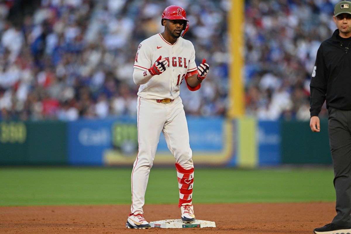 The Los Angeles Angels Jorge Soler #12 celebrates a double during an MLB game against The Los Angeles Dodgers on May 16th, 2026 at Angels Stadium in Anaheim, California.