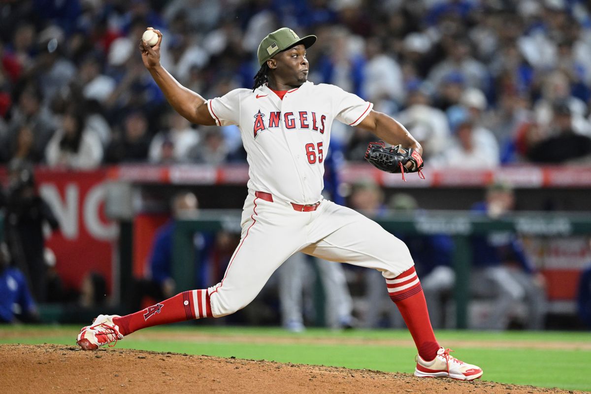 The Los Angeles Angels José Fermin #65 pitches during an MLB game against The Los Angeles Dodgers on May 16th, 2026 at Angels Stadium in Anaheim, California.