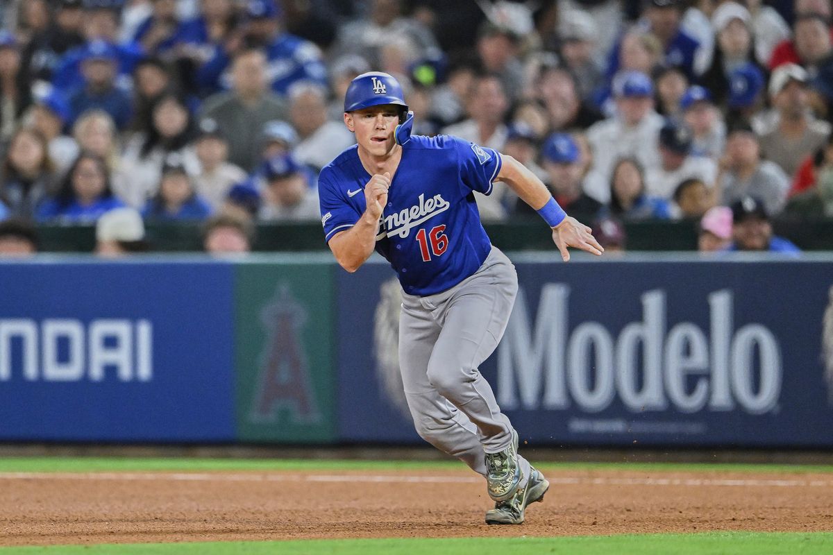 The Los Angeles Dodgers Will Smith #16 runs to second base during an MLB game against the Los Angeles Angels, May 16th, 2026 at Angels Stadium in Anaheim, California.