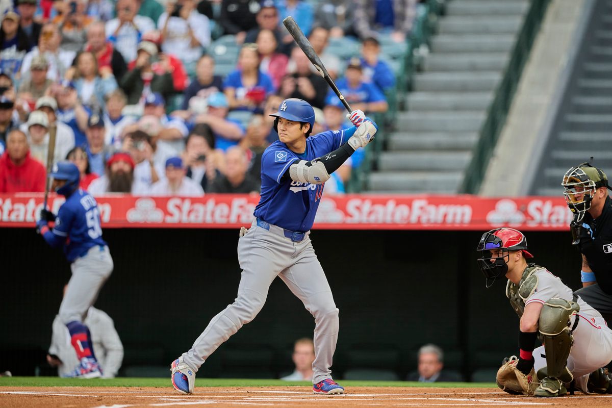 The Los Angeles Dodgers Shohei Ohtani #17 bats during an MLB game against the Los Angeles Angels, May 16th, 2026 at Angels Stadium in Anaheim, California.