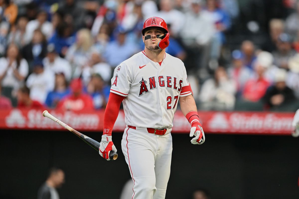 The Los Angeles Angels Mike Trout #27 bats during an MLB game against The Los Angeles Dodgers on May 16th, 2026 at Angels Stadium in Anaheim, California.